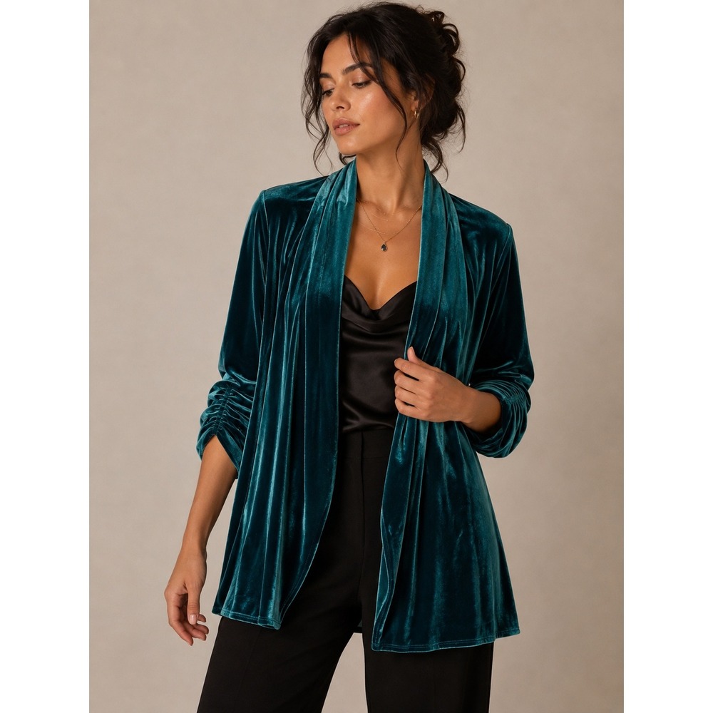 Susan Graver Teal Velvet Cardigan Large Open Front Ruched Sleeve Evening Formal
